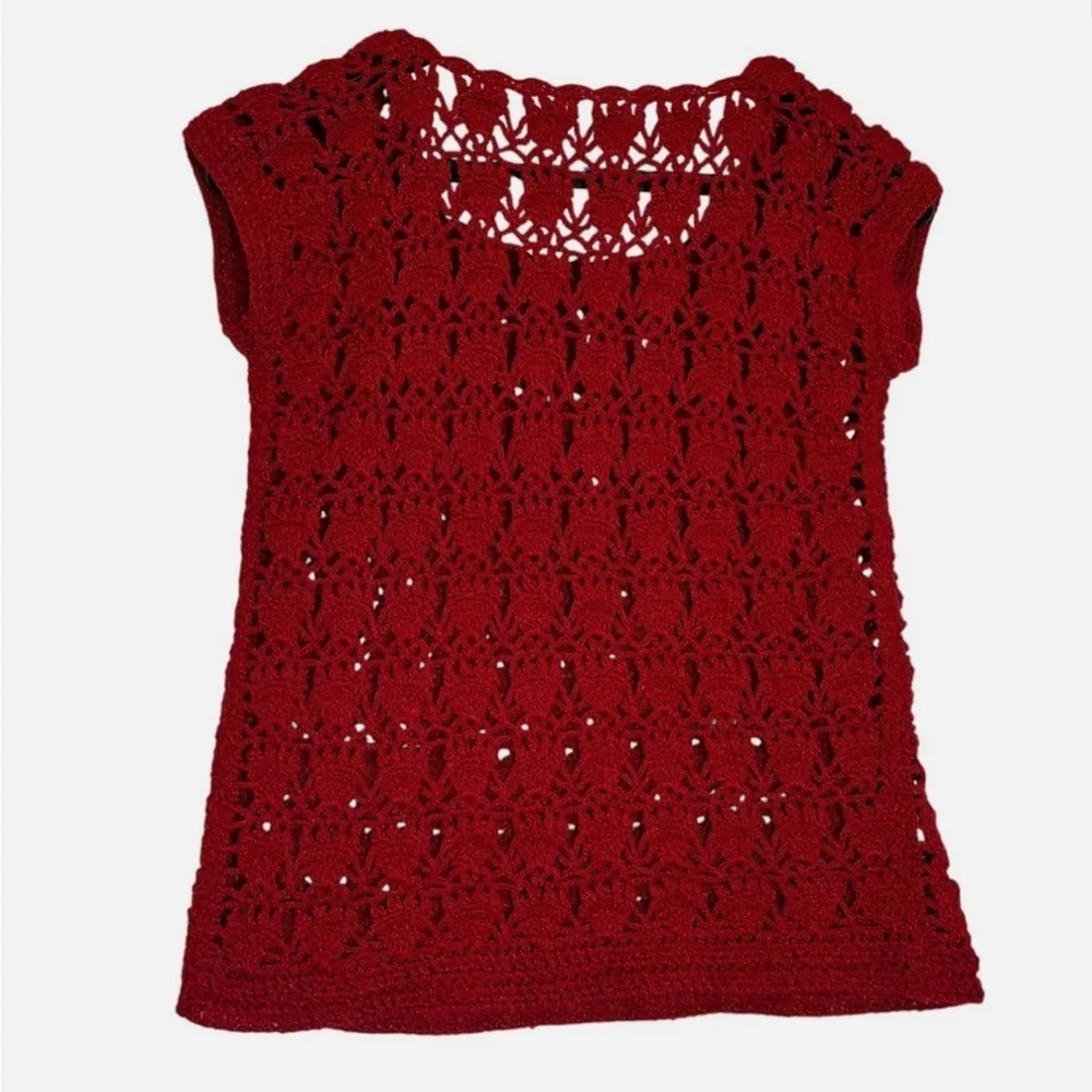 Red Crochet Lace Top VTG Handmade Sweater Vest M Parisian Vintage Artisan Boho